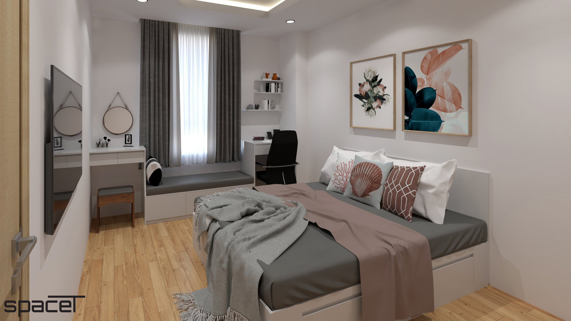 Phòng ngủ, phong cách Bắc Âu Scandinavian, thiết kế concept nội thất, căn hộ Homyland 2