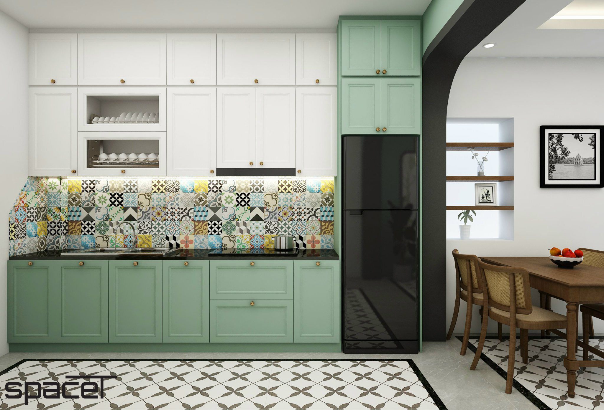 Phòng bếp, phong cách Đông Dương Indochine, thiết kế concept nội thất, nhà phố Thủ Đức