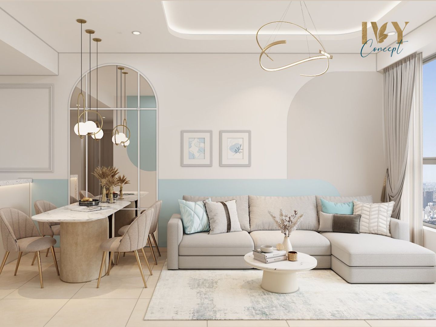 Thiết kế concept nội thất phòng ăn và phòng khách Căn hộ River Gate Quận 4 phong cách Tân cổ điển Neo Classic kết hợp phong cách Khối màu Color Block