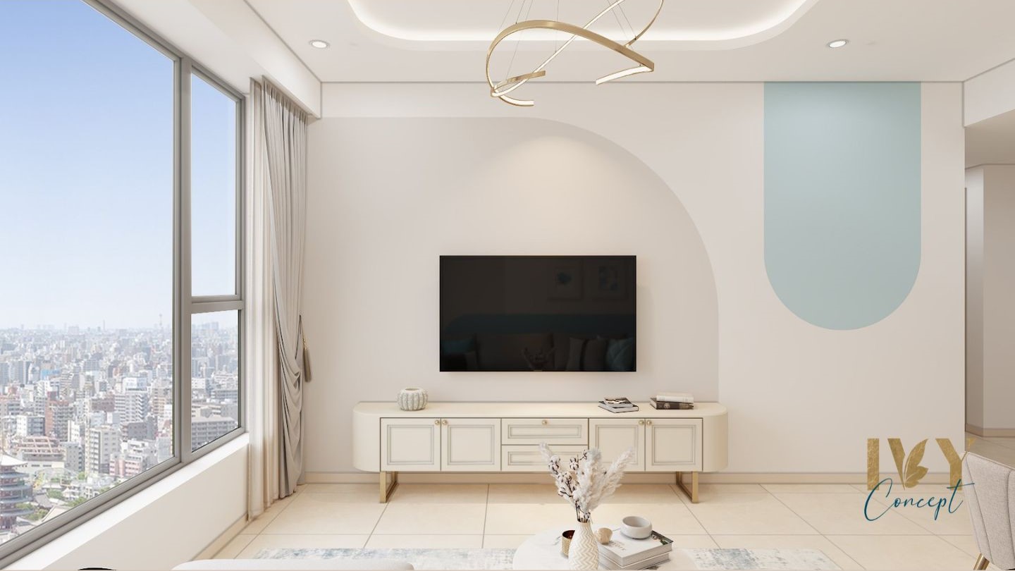 Thiết kế concept nội thất phòng khách Căn hộ River Gate Quận 4 phong cách Tân cổ điển Neo Classic kết hợp phong cách Khối màu Color Block