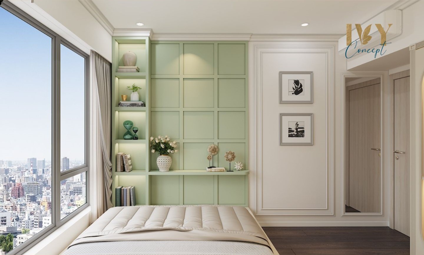 Thiết kế concept nội thất phòng ngủ Căn hộ River Gate Quận 4 phong cách Tân cổ điển Neo Classic kết hợp phong cách Khối màu Color Block