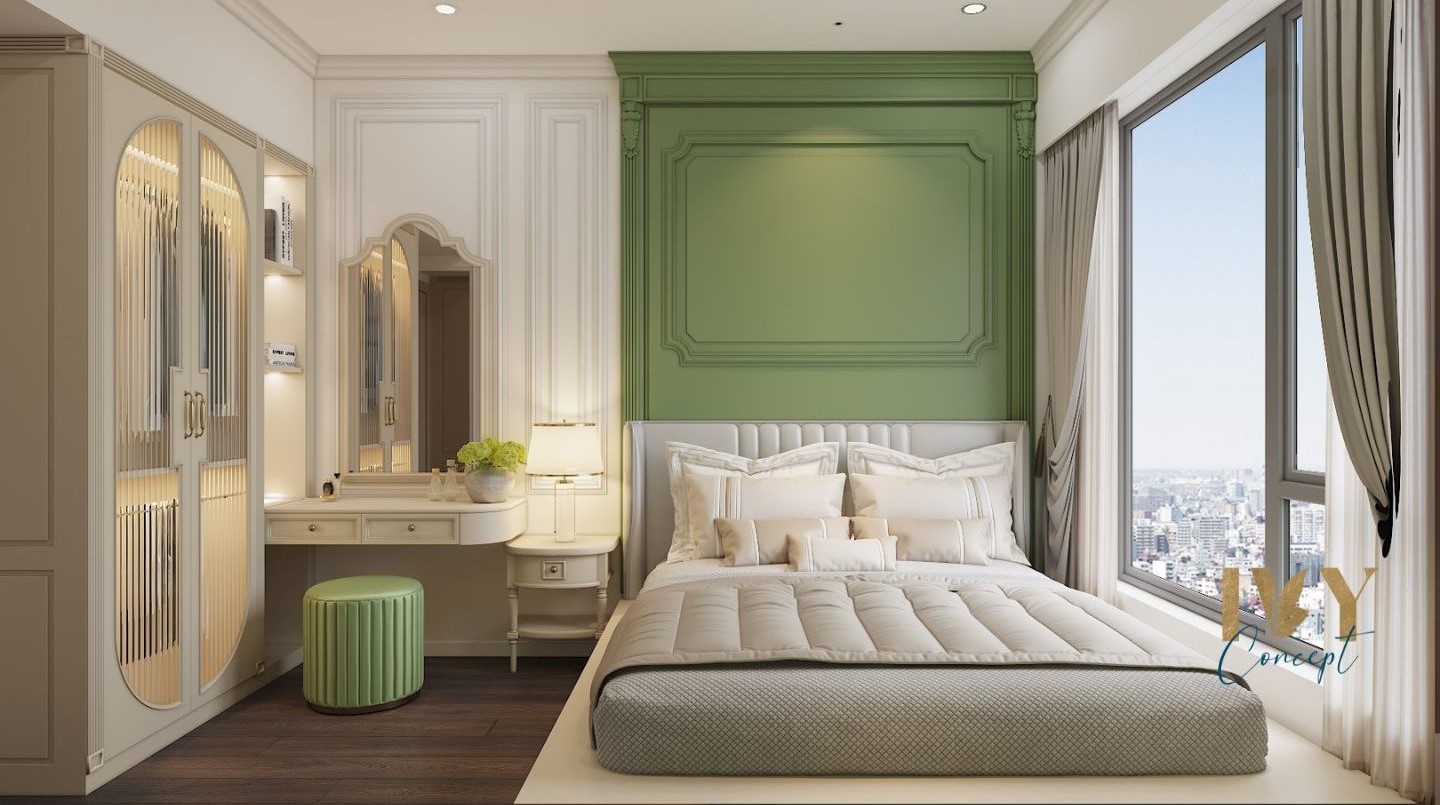 Thiết kế concept nội thất phòng ngủ Căn hộ River Gate Quận 4 phong cách Tân cổ điển Neo Classic kết hợp phong cách Khối màu Color Block