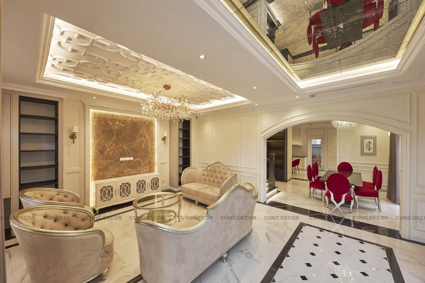 Hoàn thiện nội thất phòng khách Biệt thự Sol Villas TP Thủ Đức phong cách Tân cổ điển Neo Classic