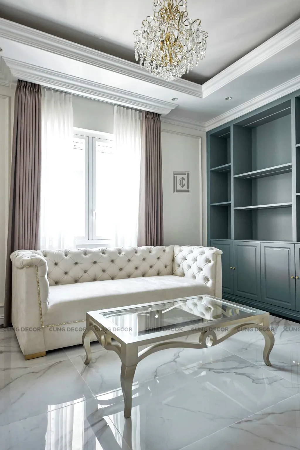Hoàn thiện nội thất phòng sinh hoạt chung hay khu vưc giải trí Biệt thự Sol Villas TP Thủ Đức phong cách Tân cổ điển Neo Classic
