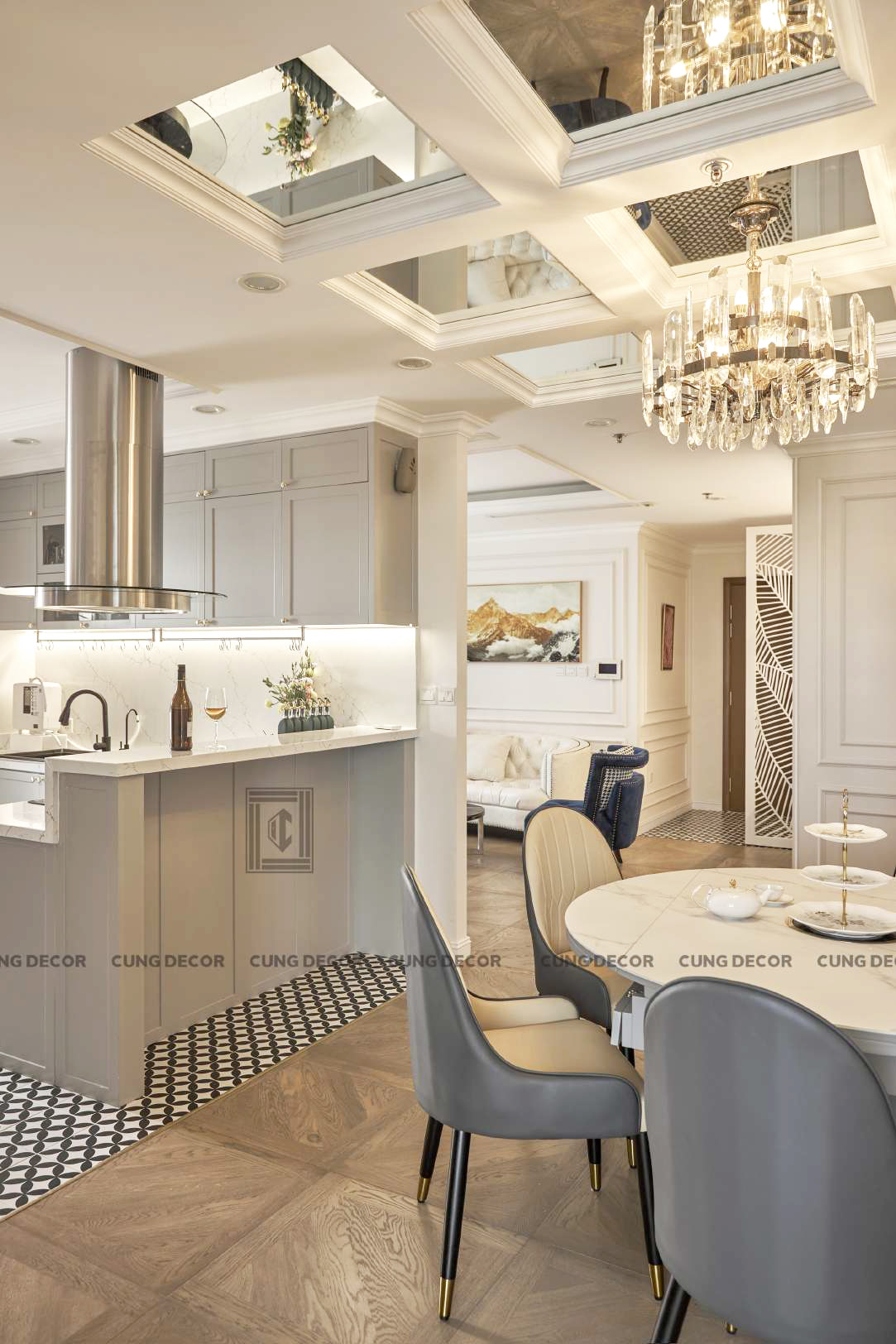 Hoàn thiện nội thất phòng ăn và phòng bếp Căn hộ Landmark 81 Vinhomes Central Park phong cách Tân cổ điển Neo Classic