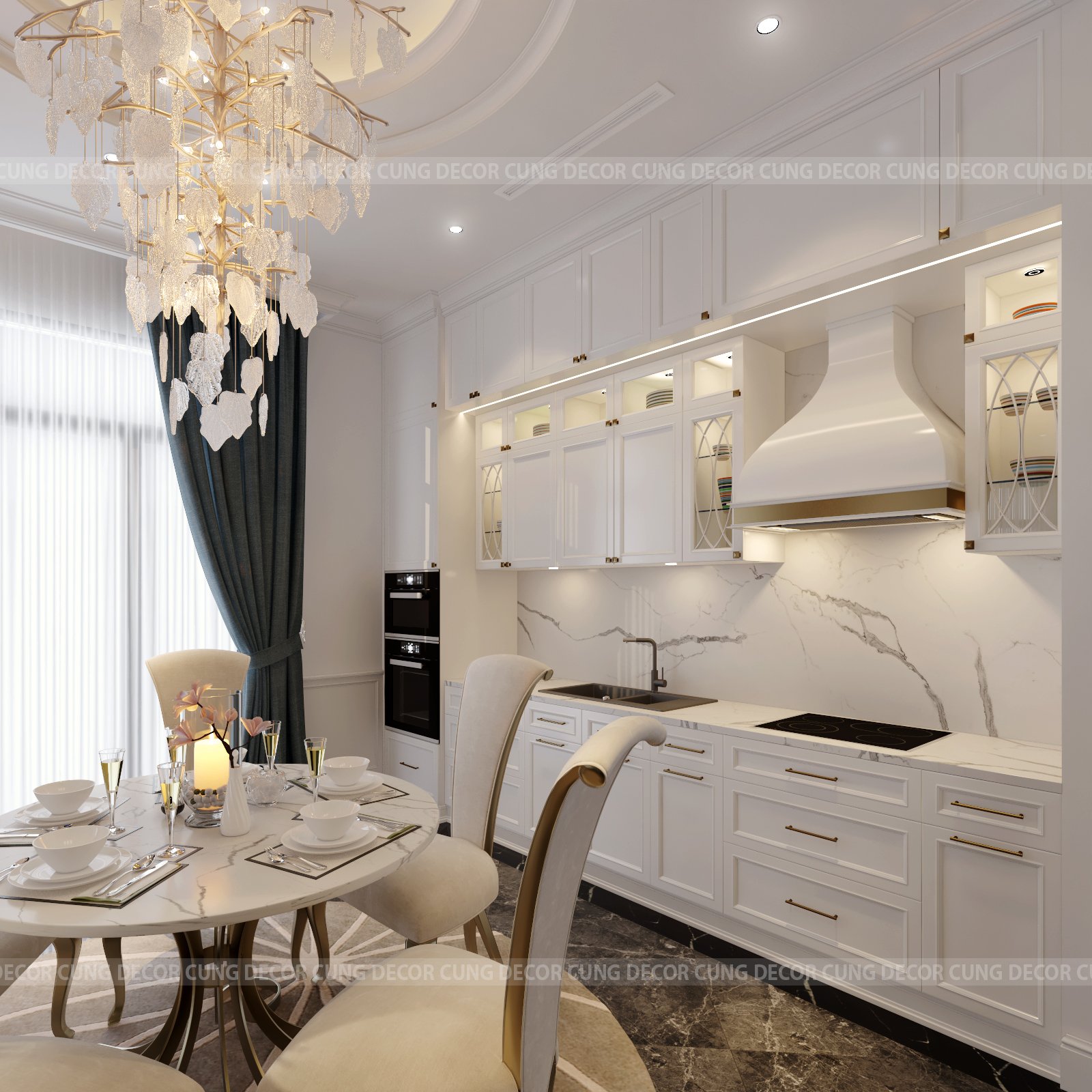Thiết kế concept nội thất phòng ăn, phòng bếp Nhà phố Khu Verosa Park Khang Điền phong cách Tân cổ điển Neo Classic