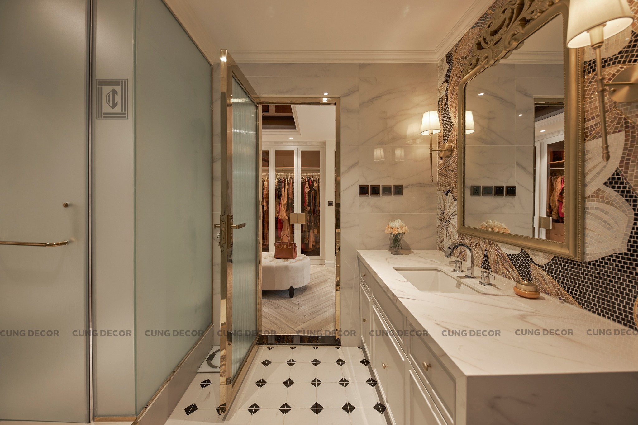 Công trình hoàn thiện nội thất khu vực phòng tắm phòng ngủ master Căn hộ cao cấp Thảo Điền Quận 2 phong cách Tân cổ điển Neo Classic