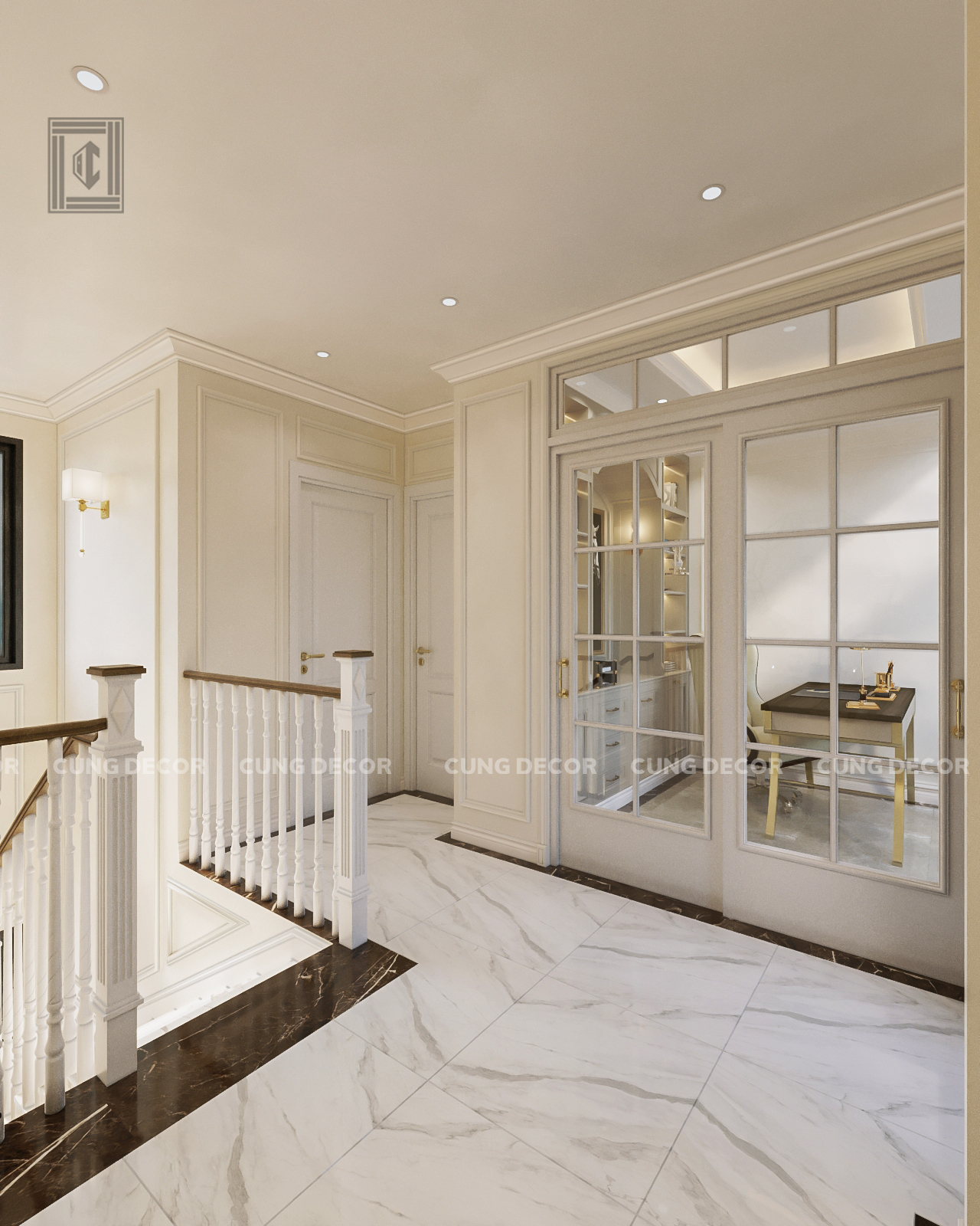 Thiết kế concept nội thất khu vực cầu thang Nhà phố Hà Đô Quận 10 phong cách Bán cổ điển