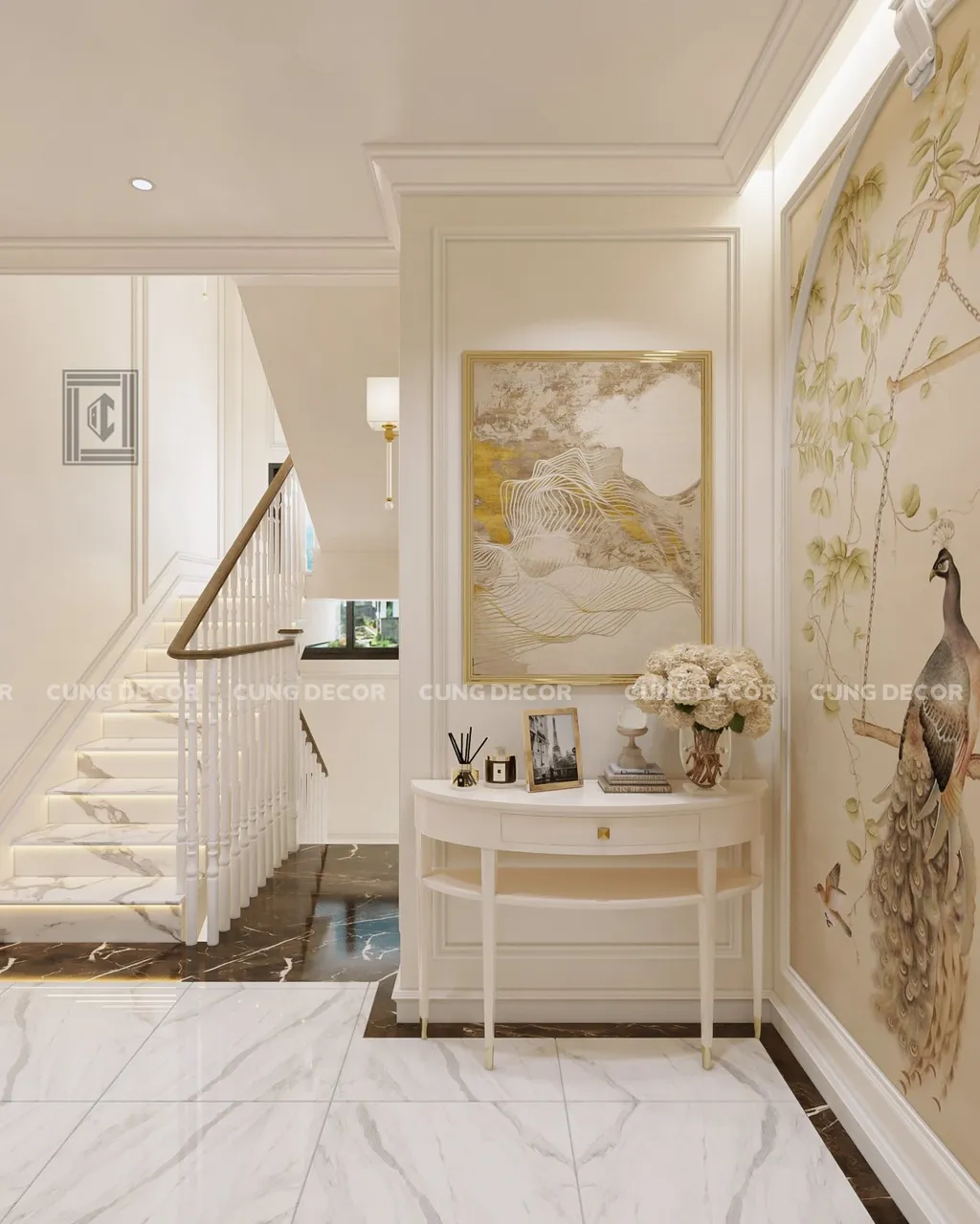 Thiết kế concept nội thất khu vực cầu thang Nhà phố Hà Đô Quận 10 phong cách Bán cổ điển