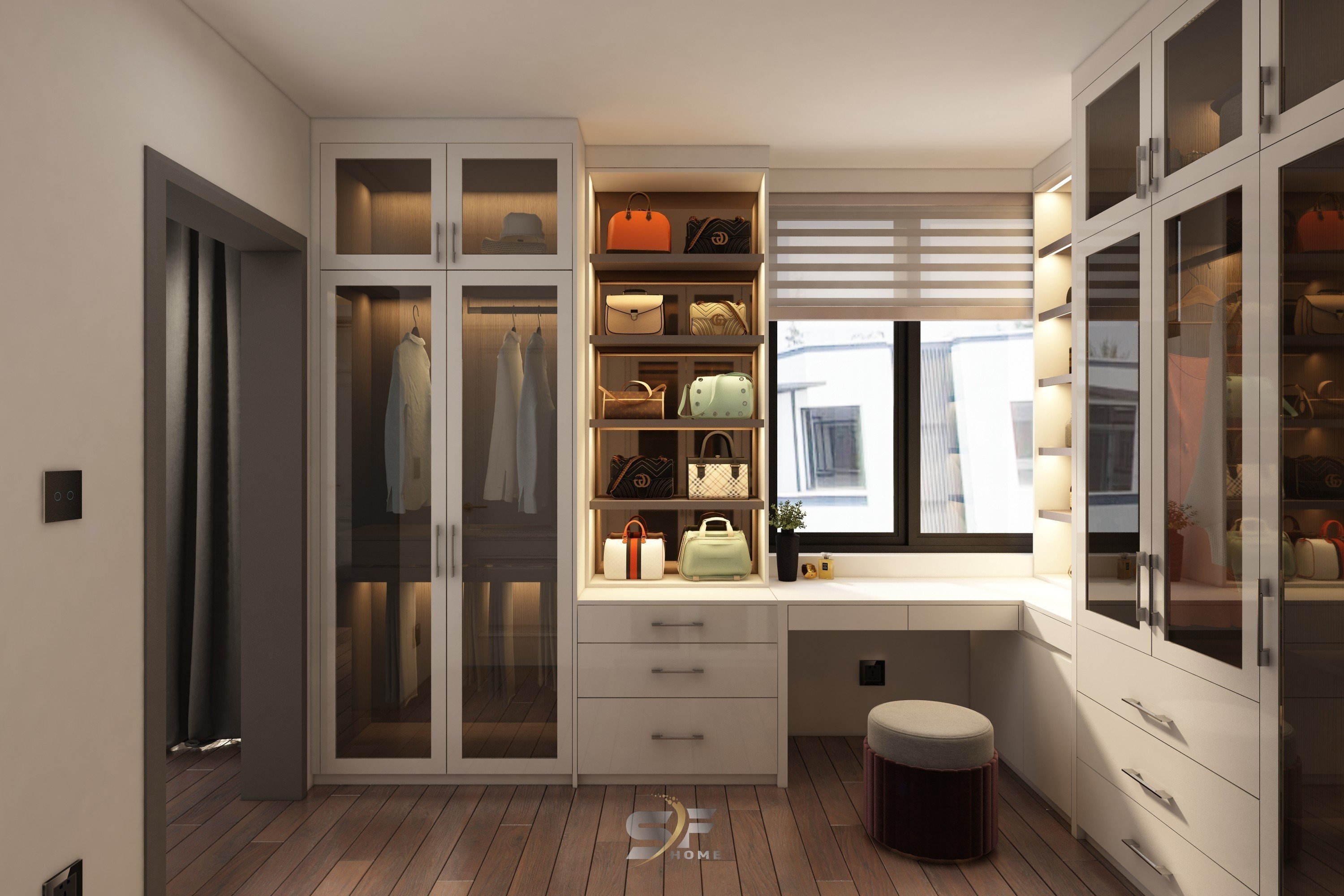 Thiết kế concept nội thất khu vực thay đồ trong phòng ngủ Nhà phố tại Quận 9 phong cách Hiện đại Modern