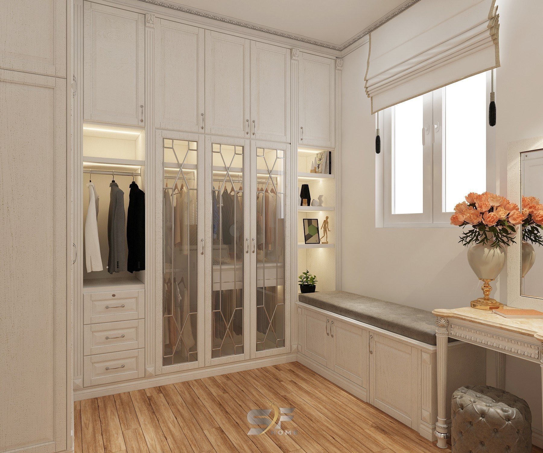 Thiết kế concept nội thất khu vực thay đồ trong phòng ngủ master Biệt thự Bình Dương phong cách Tân cổ điển Neo Classic