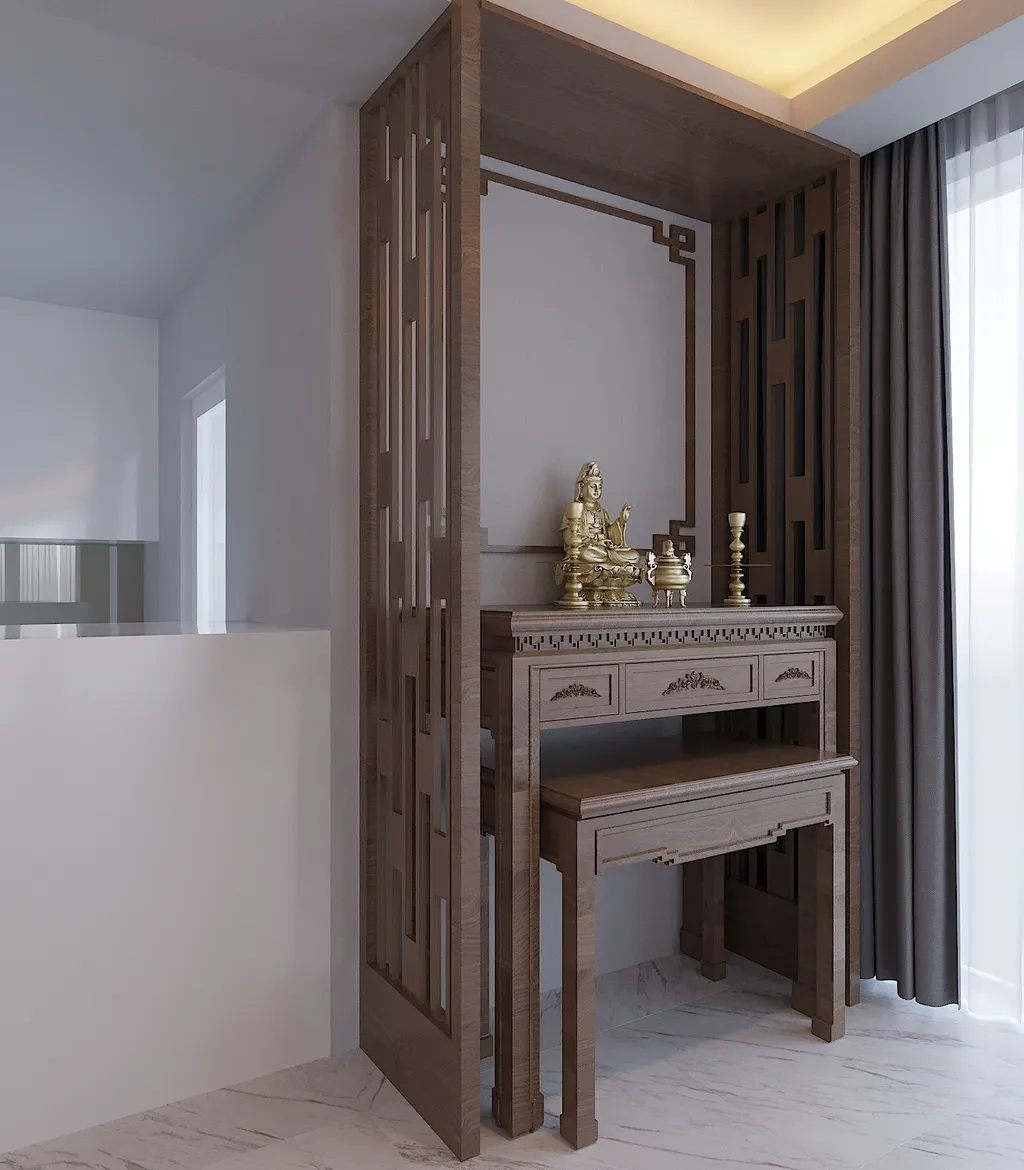 Thiết kế concept nội thất khu vực bàn thờ trong phòng khách Căn hộ Sarica Khu Sala phong cách Hiện đại Modern