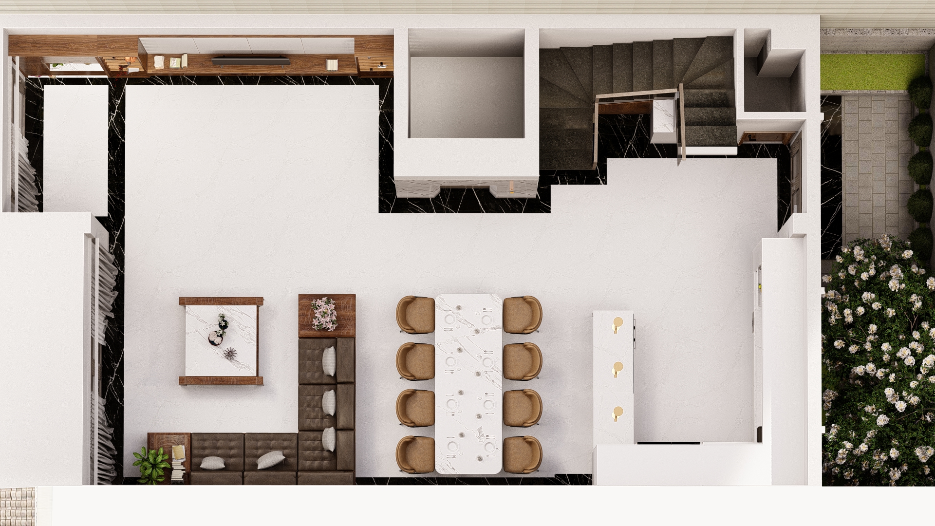 Toàn cảnh Thiết kế concept nội thất phòng khách, phòng ăn, phòng bếp Nhà phố khu Vinhomes Grand Park phong cách Hiện đại Modern