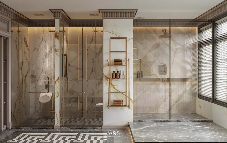 Concept nội thất khu vưc phòng tắm, nhà vệ sinh trong phòng ngủ master Villa Himlam Quận 7 phong cách Tân cổ điển Neo Classic