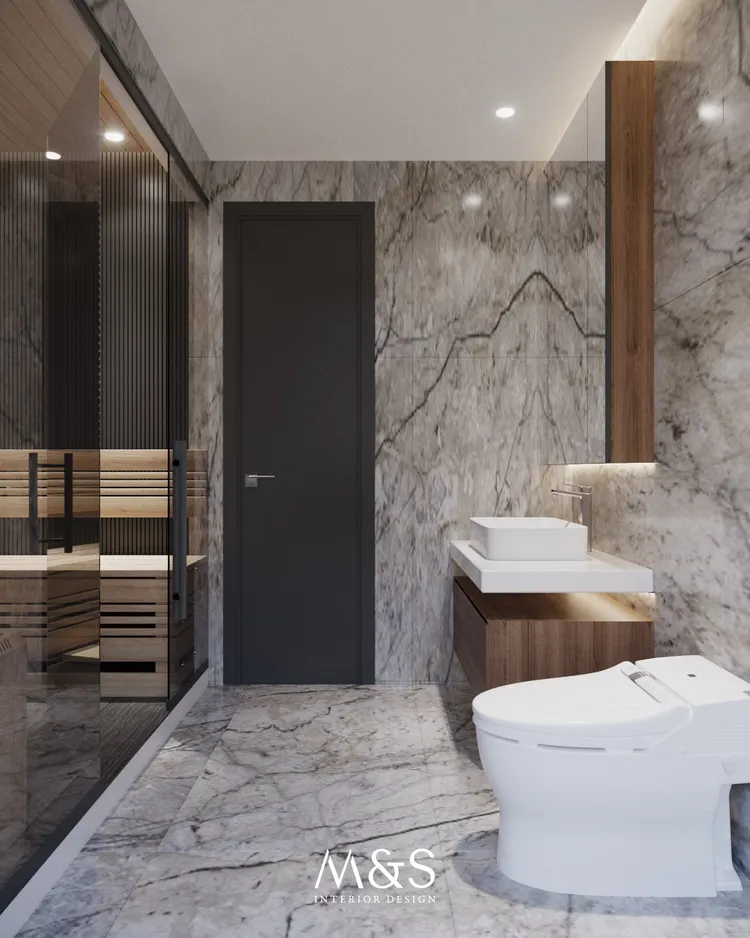 Concept nội thất phòng tắm, nhà vệ sinh trong phòng ngủ master Lucasta Villa Quận 9 phong cách Hiện đại Modern