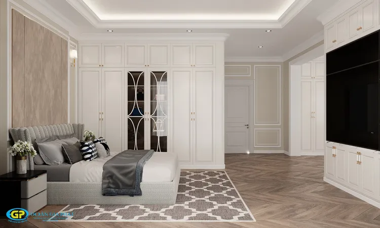 Concept nội thất khu vực giường ngủ trong phòng ngủ master Nhà phố Buôn Mê Thuột phong cách Tân cổ điển Neo Classic