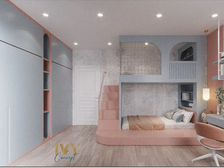 Concept nội thất Phòng ngủ kết hợp làm việc Nhà phố Biên Hòa phong cách Khối màu Color Block