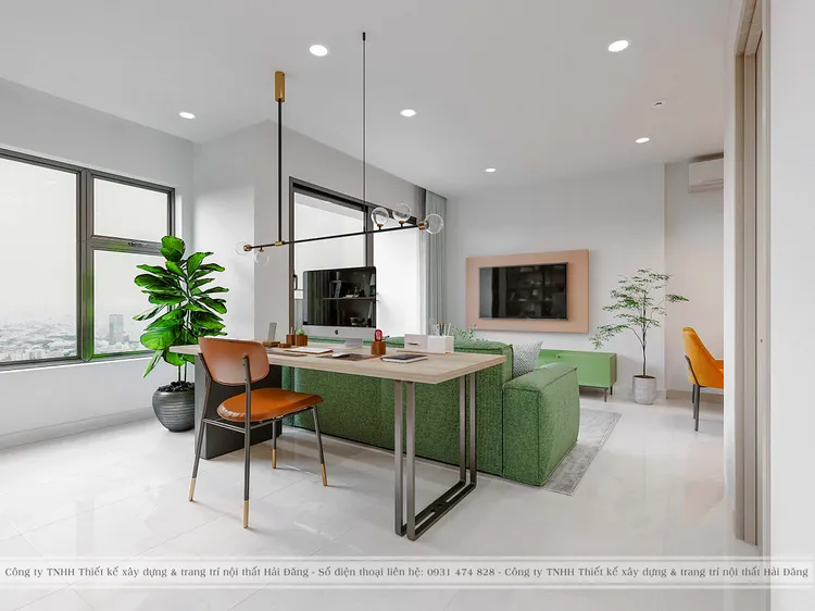 Concept nội thất khu vực làm việc trong phòng khách Căn hộ Vinhomes Grand Park phong cách Khối màu Color Block