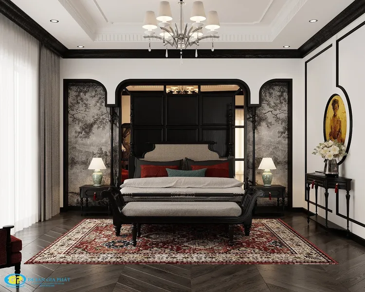 Concept nội thất phòng ngủ master Nhà phố 75m2 phong cách Đông Dương Indochine