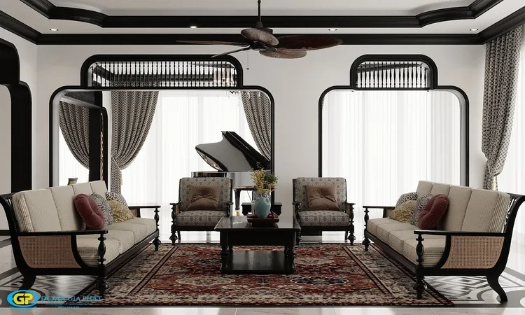 Concept nội thất phòng khách Nhà phố 75m2 phong cách Đông Dương Indochine