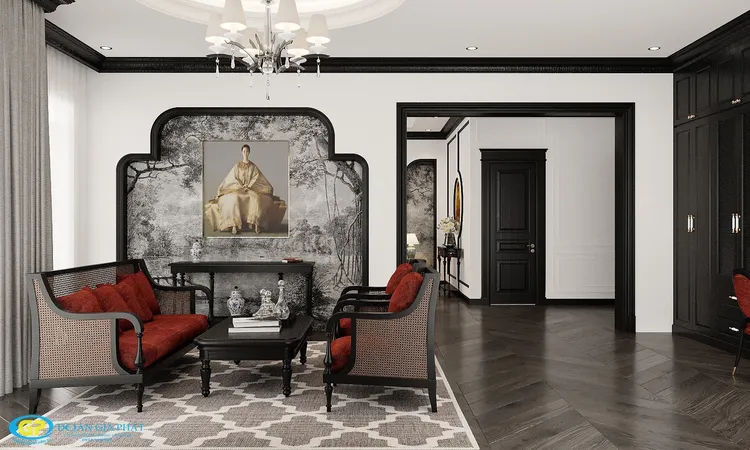 Concept nội thất khu vực tiếp khách trong phòng ngủ master Nhà phố 75m2 phong cách Đông Dương Indochine
