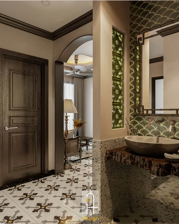 Concept nội thất nhà vệ sinh chung Căn hộ Vinhomes Grand Park phong cách Đông Dương Indochine