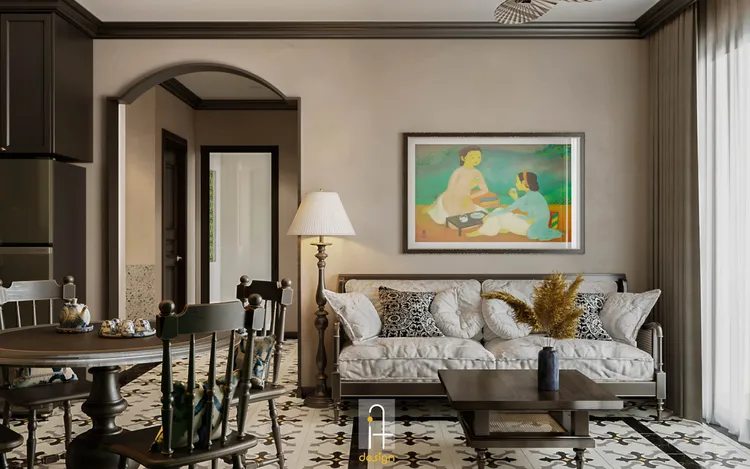 Concept nội thất phòng khách Căn hộ Vinhomes Grand Park phong cách Đông Dương Indochine