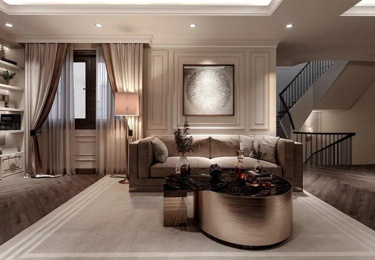 Concept nội thất phòng khách Nhà phố Xuyên Mộc, BRVT phong cách Tân cổ điển Neo Classic
