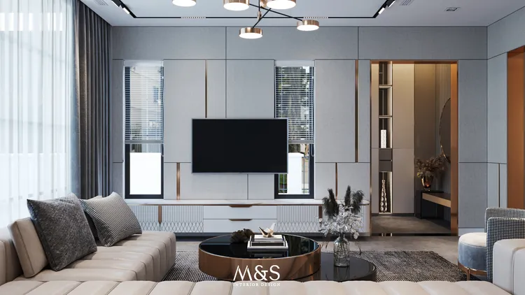 Concept nội thất phòng khách Nhà phố Nine South Nhà Bè phong cách Hiện đại Modern