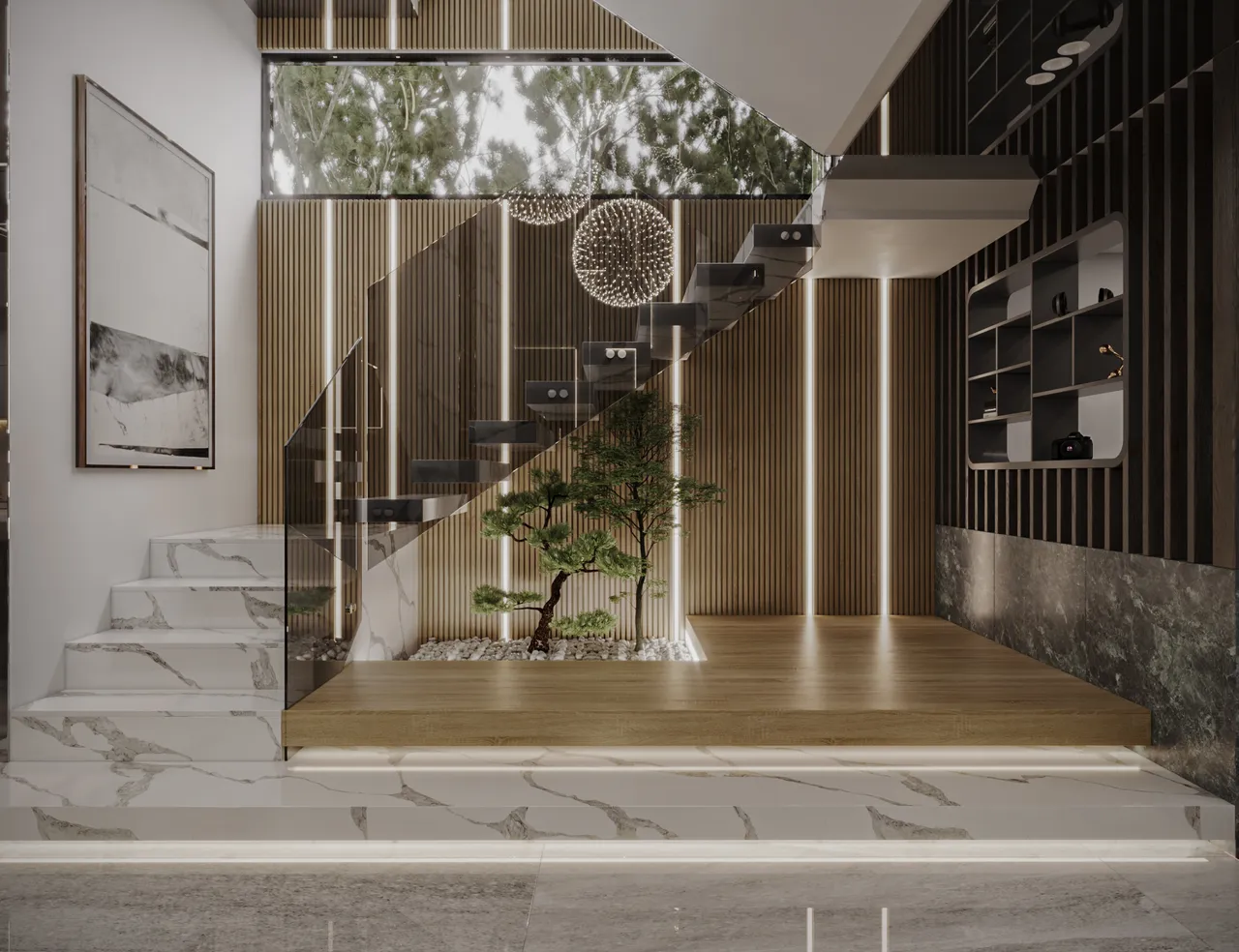 Concept nội thất khu vực cầu thang Nhà phố Hóc Môn phong cách Hiện đại Modern