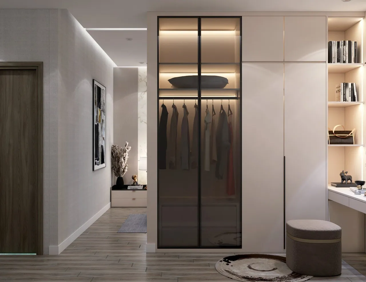 Concept nội thất khu vực thay đồ, trang điểm trong phòng ngủ Nhà phố An Giang phong cách Hiện đại Modern