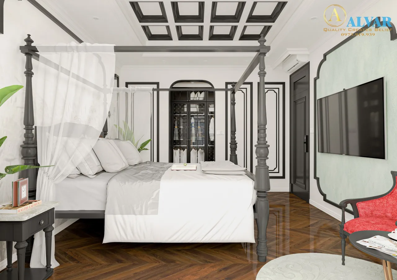 Concept nội thất phòng ngủ master Nhà phố Bình Phước phong cách Đông Dương Indochine