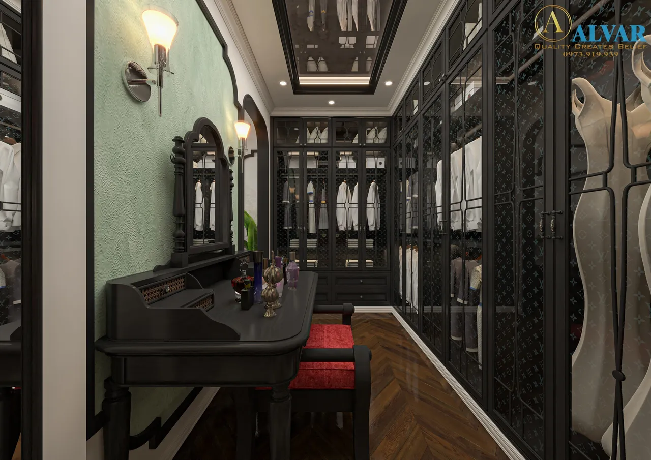 Concept nội thất phòng thay đồ trong phòng ngủ master Nhà phố Bình Phước phong cách Đông Dương Indochine