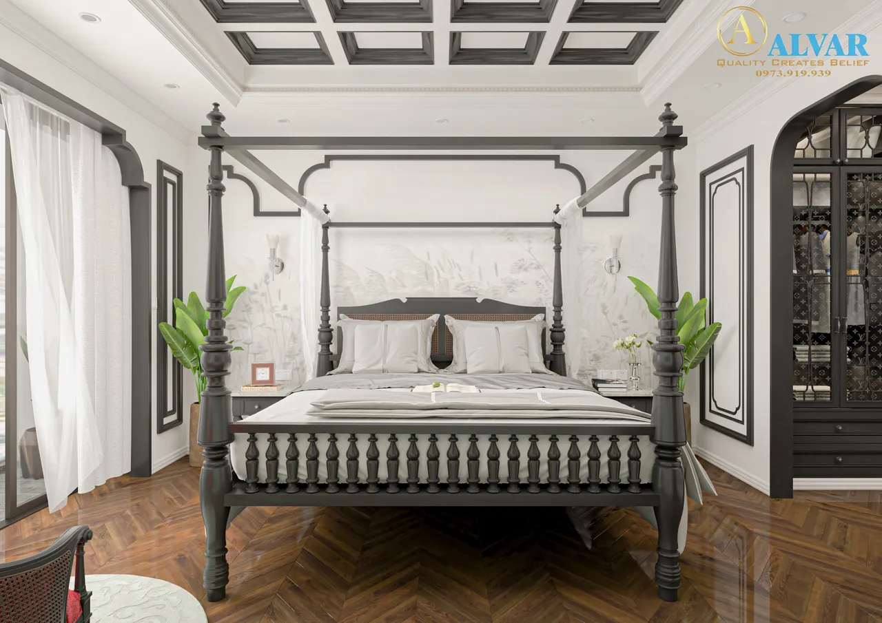 Concept nội thất phòng ngủ master Nhà phố Bình Phước phong cách Đông Dương Indochine