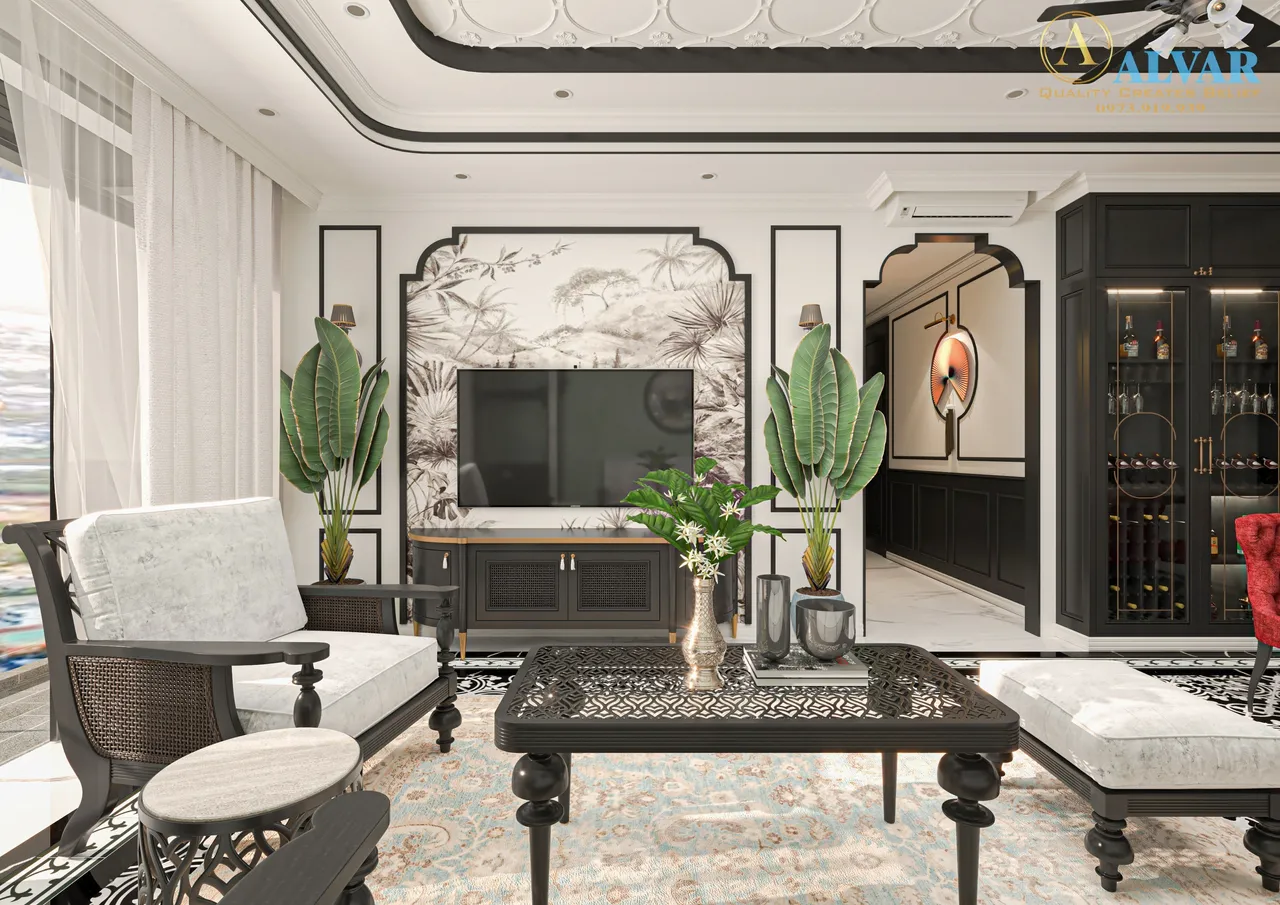 Concept nội thất phòng khách Nhà phố Bình Phước phong cách Đông Dương Indochine