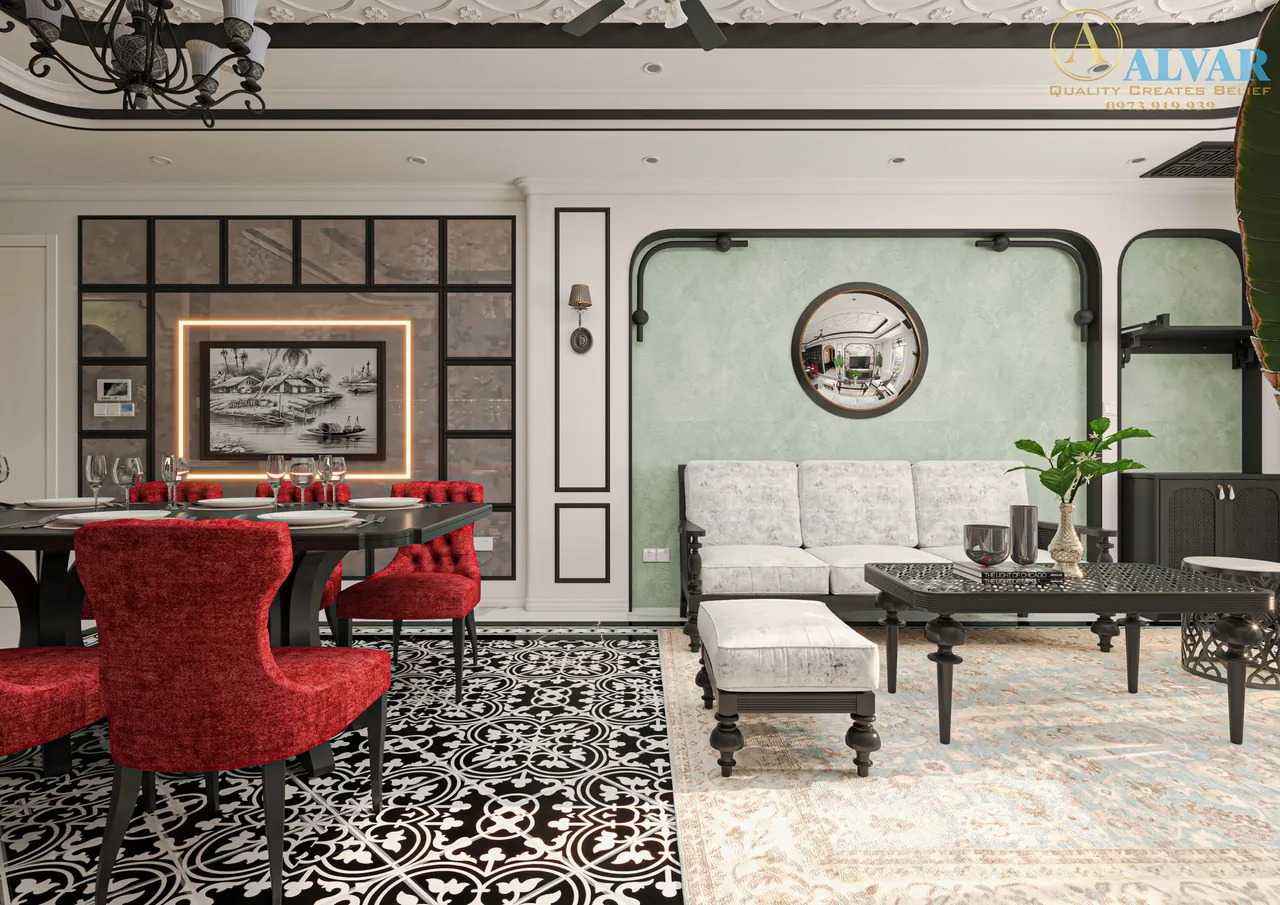 Concept nội thất phòng khách Nhà phố Bình Phước phong cách Đông Dương Indochine