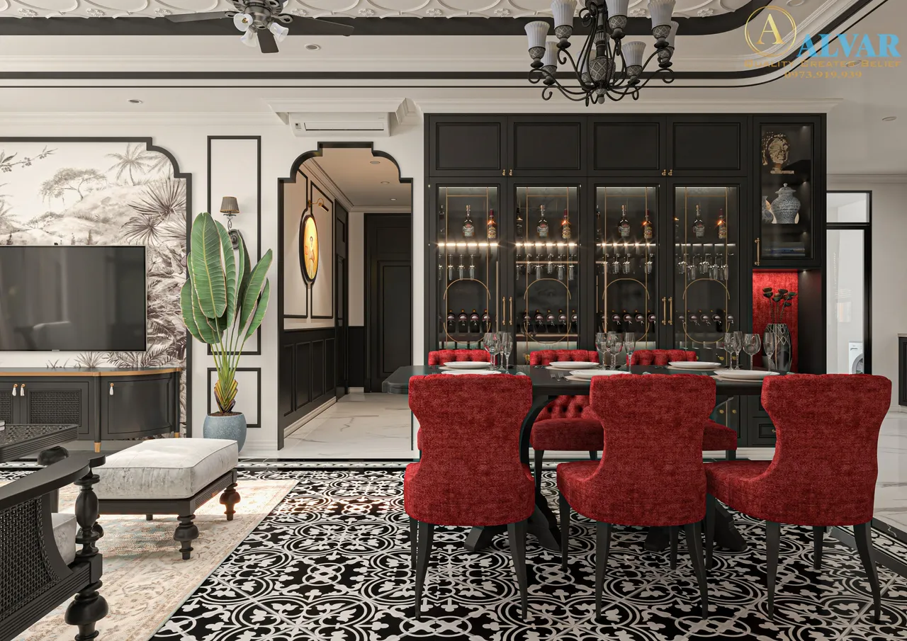 Concept nội thất phòng ăn Nhà phố Bình Phước phong cách Đông Dương Indochine
