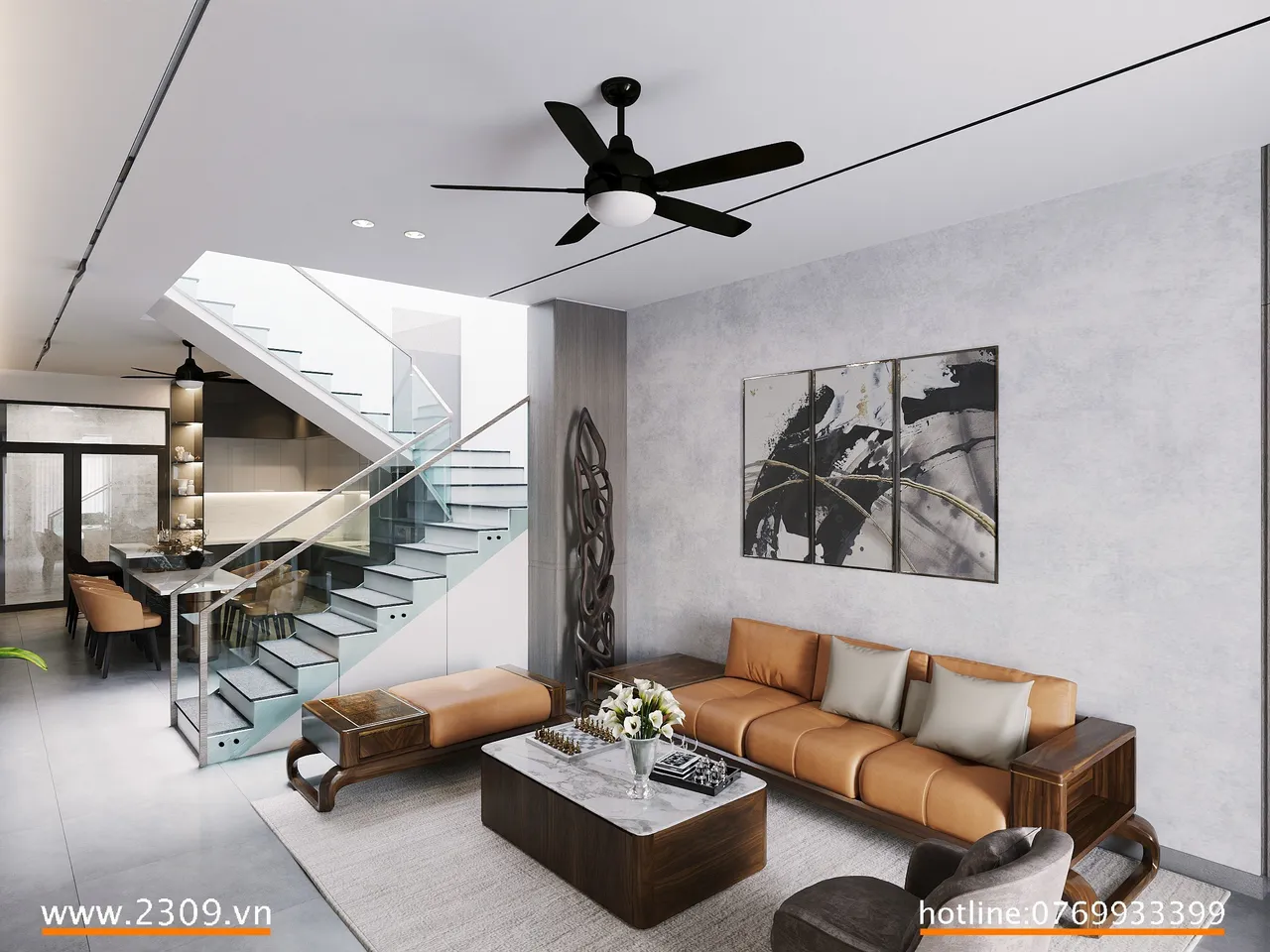 Concept nội thất phòng khách Nhà phố Him Lam Phú Đông phong cách hiện đại Modern