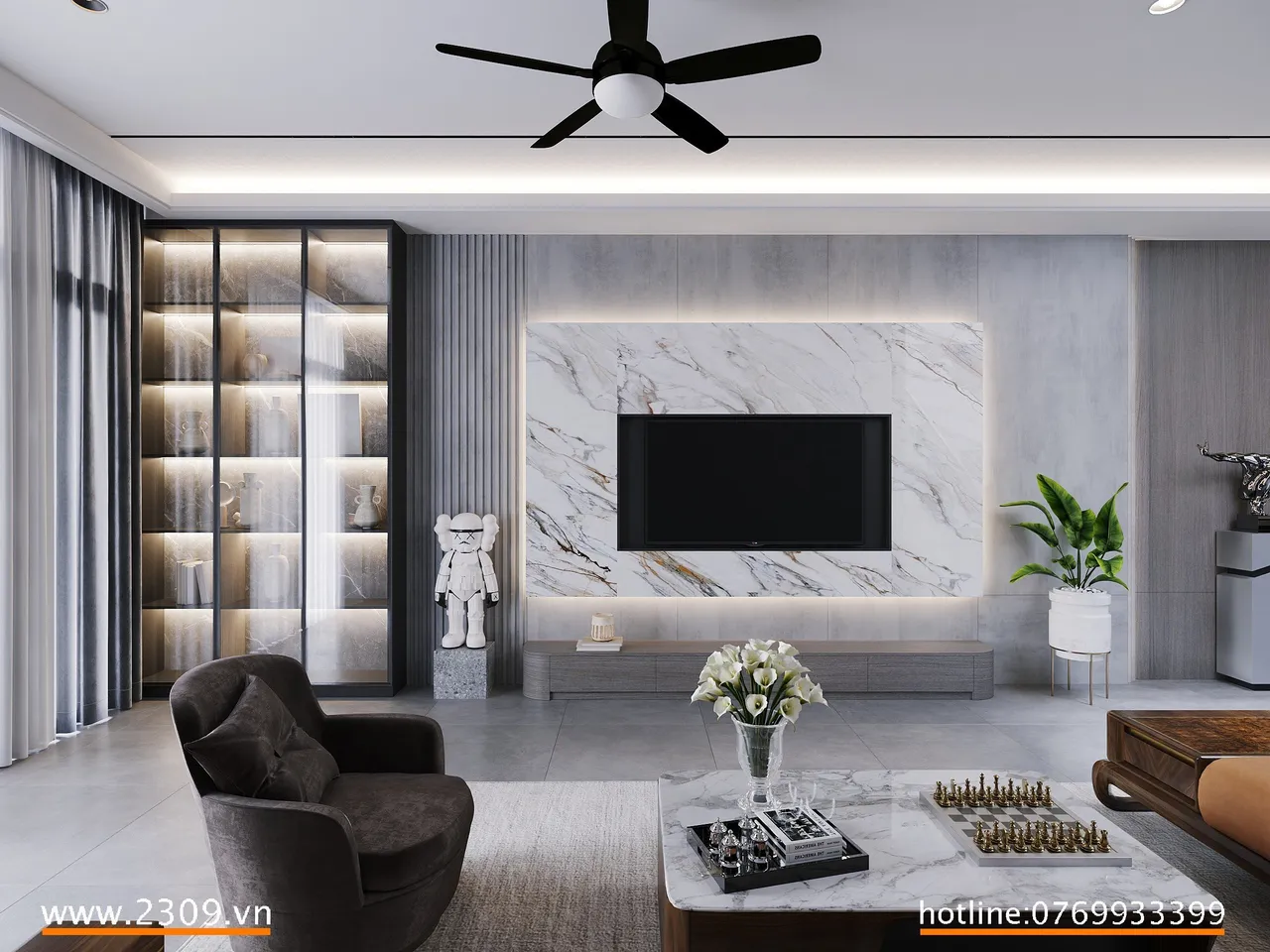Concept nội thất phòng khách Nhà phố Him Lam Phú Đông phong cách hiện đại Modern