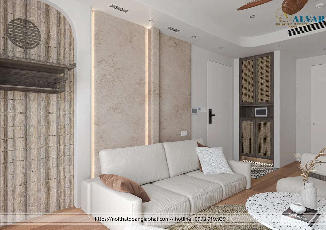 Concept nội thất phòng khách Nhà phố Bình Dương phong cách Wabi Sabi