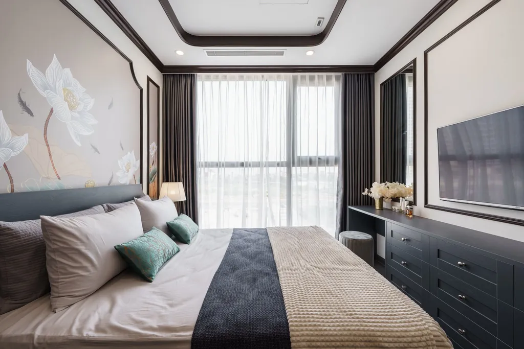 Hoàn thiện nội thất phòng ngủ Căn hộ mẫu 2 phòng ngủ phong cách Indochine (Đông Dương)