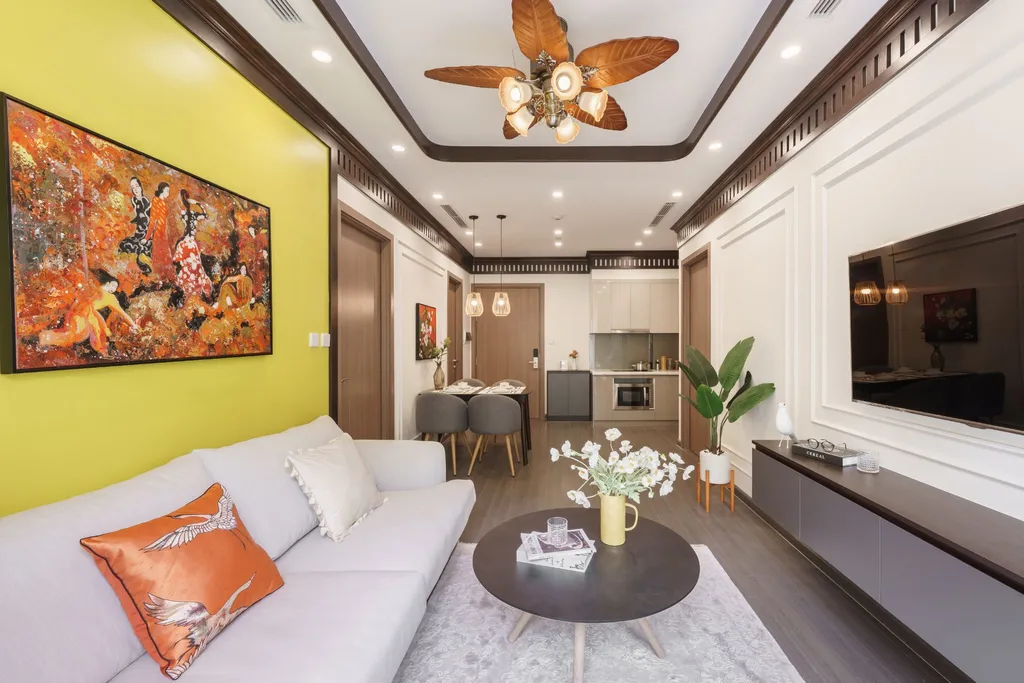 Hoàn thiện nội thất phòng khách Căn hộ mẫu 2 phòng ngủ phong cách Indochine (Đông Dương)
