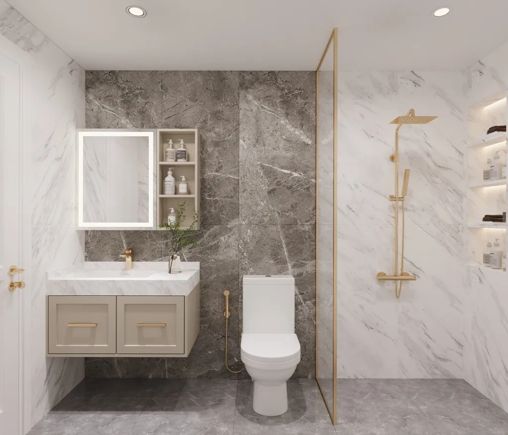 Concept nội thất phòng tắm Nhà phố Tân Hòa, Dĩ An phong cách Neo Classic Tân cổ điển