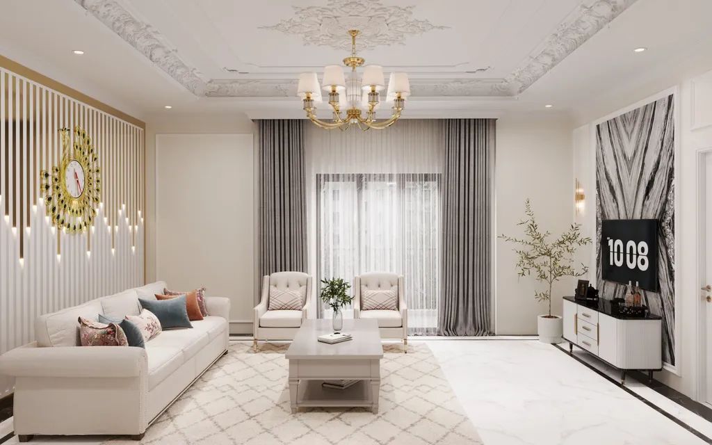 Concept nội thất phòng khách Nhà phố Tân Hòa, Dĩ An phong cách Neo Classic Tân cổ điển