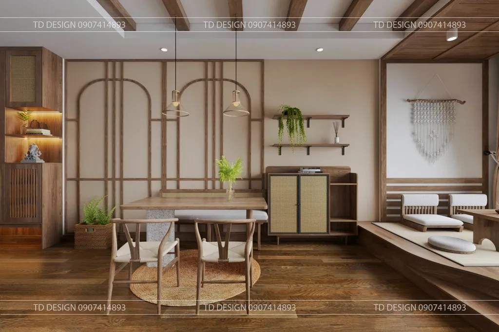 Concept nội thất 3D phòng ăn Căn hộ nhà anh Hiếu 78m2 mang phong cách Wabi Sabi