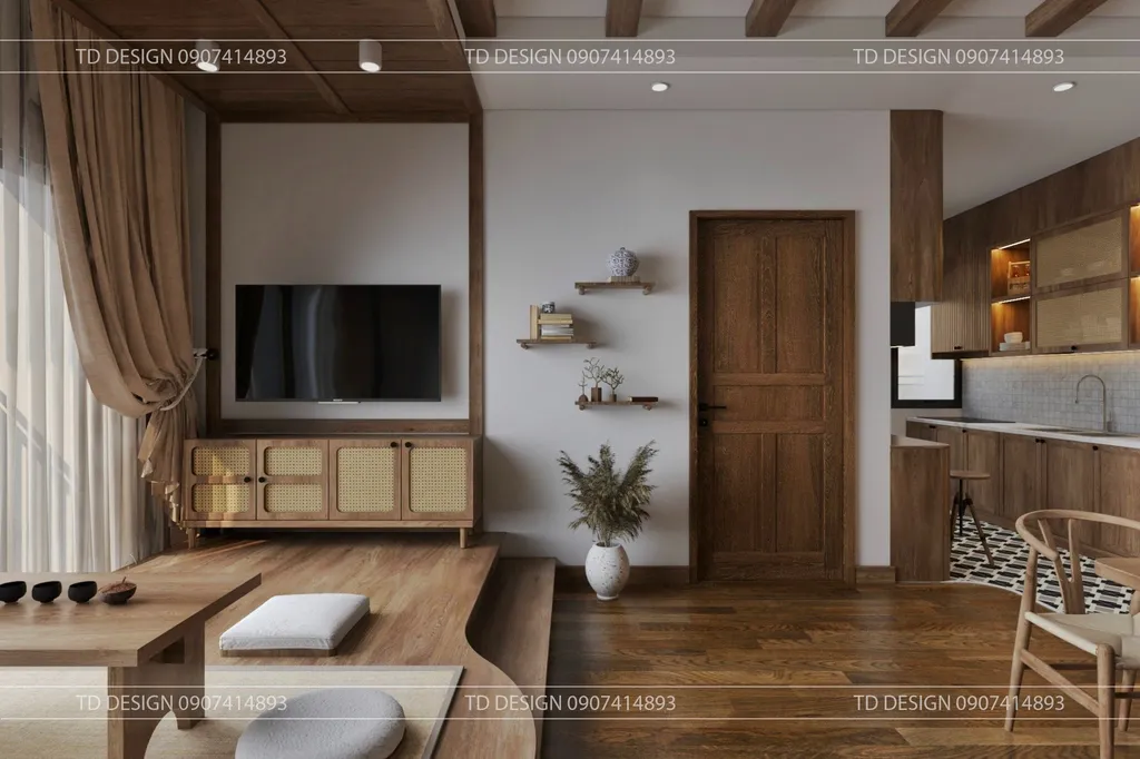 Concept nội thất 3D phòng khách Căn hộ nhà anh Hiếu 78m2 mang phong cách Wabi Sabi