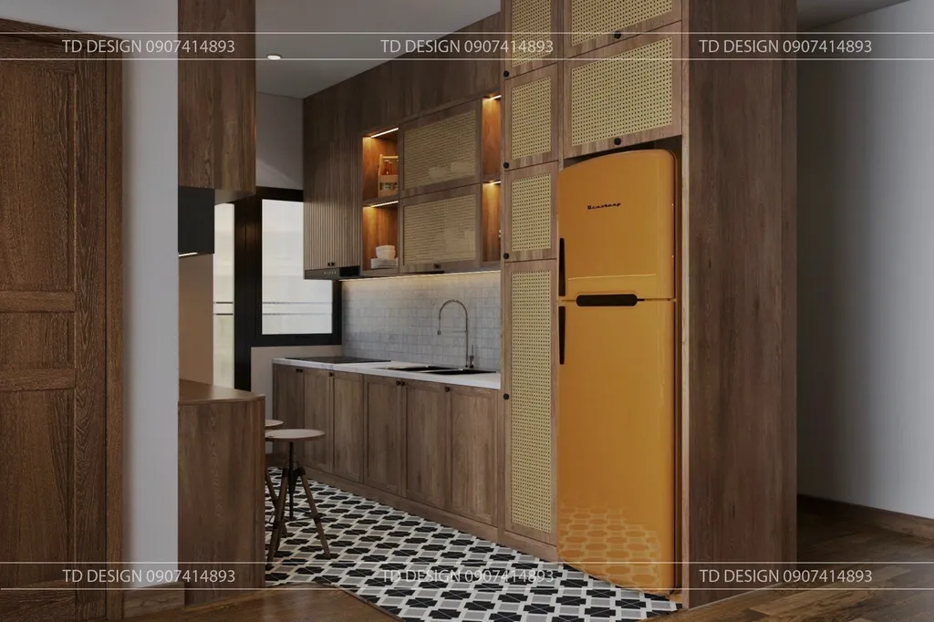 Concept nội thất 3D phòng bếp Căn hộ nhà anh Hiếu 78m2 mang phong cách Wabi Sabi