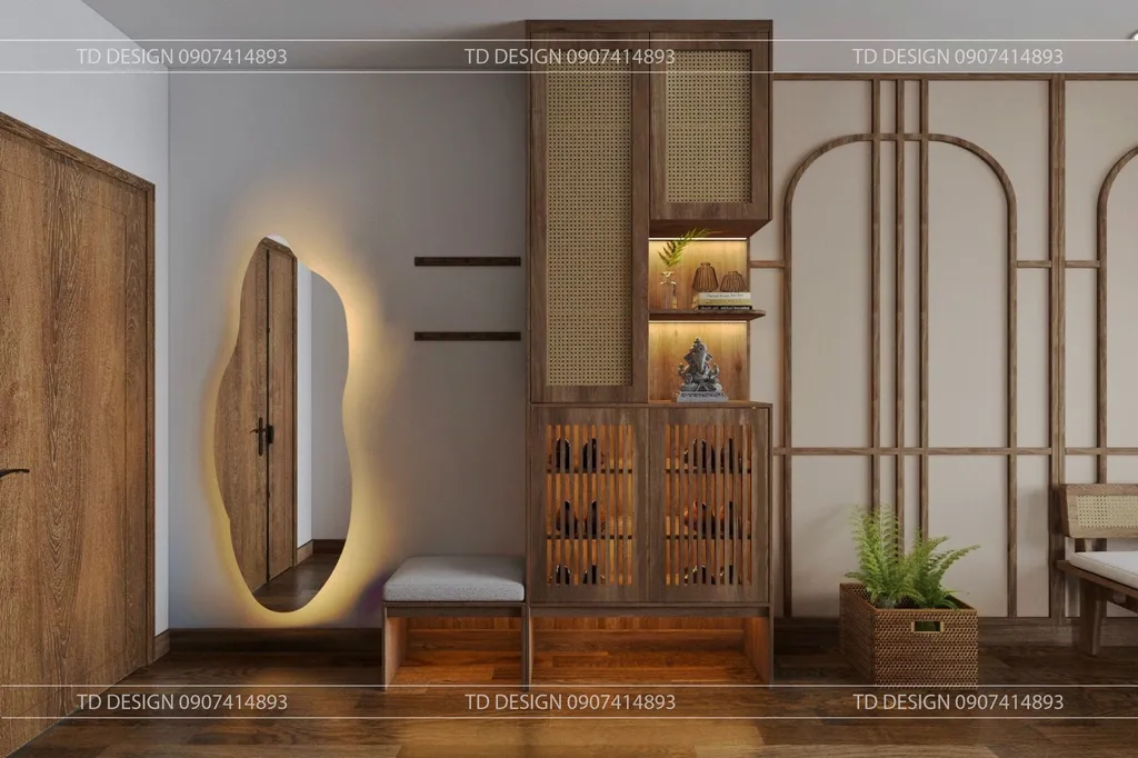 Concept nội thất 3D lối vào Căn hộ nhà anh Hiếu 78m2 mang phong cách Wabi Sabi