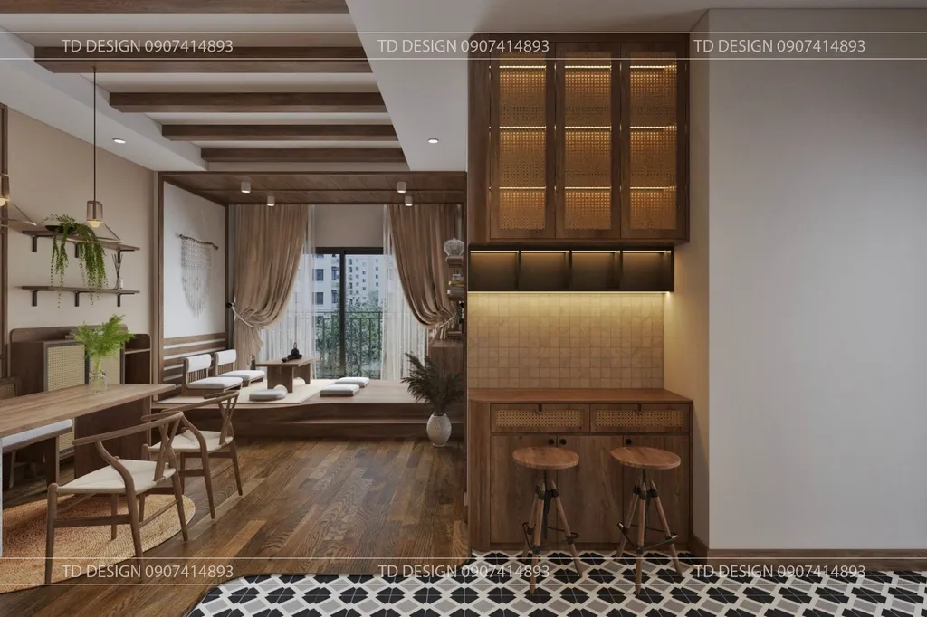 Concept nội thất 3D phòng bếp Căn hộ nhà anh Hiếu 78m2 mang phong cách Wabi Sabi