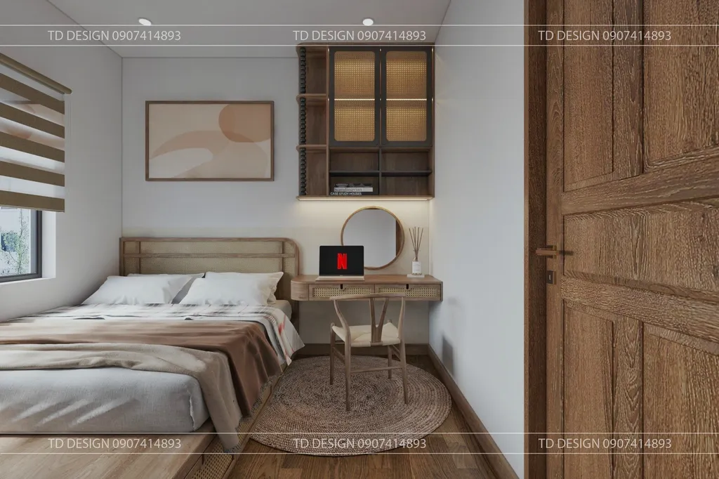 Concept nội thất 3D phòng ngủ Căn hộ nhà anh Hiếu 78m2 mang phong cách Wabi Sabi